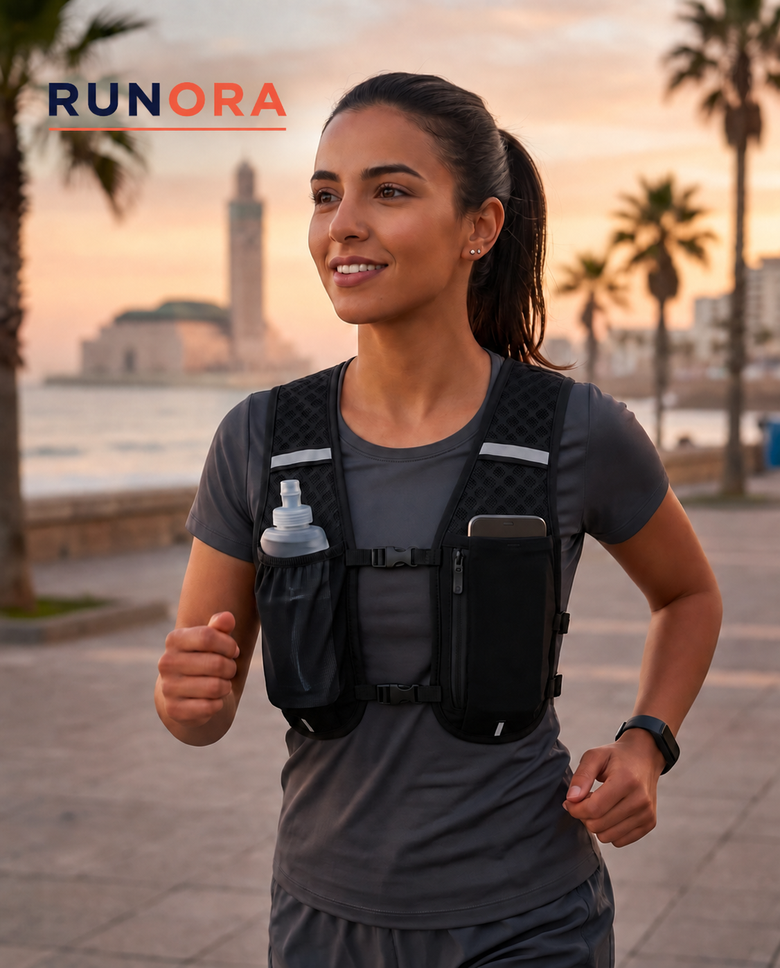 Coureuse portant le gilet de running noir RUNORA à Casablanca